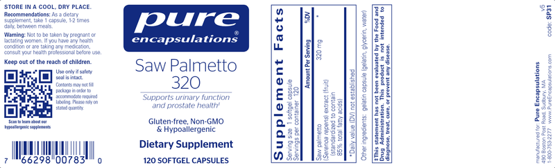 Saw Palmetto 320 120 caps - (Pure Encapsulations) label