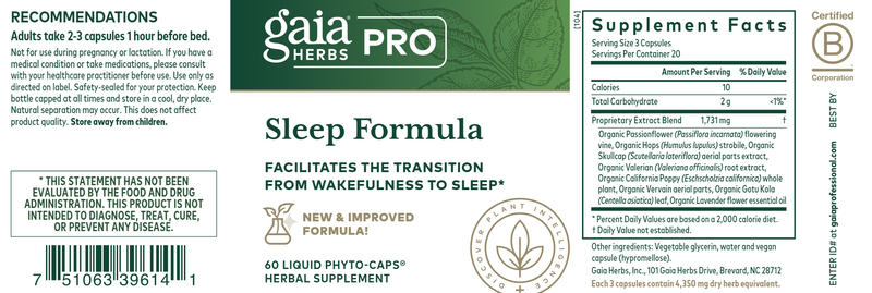 Sleep Formula (Gaia Herbs Professional Solutions) Label