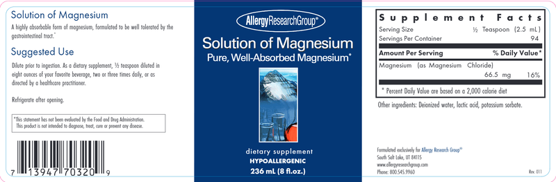 Solution of Magnesium (Allergy Research Group) label