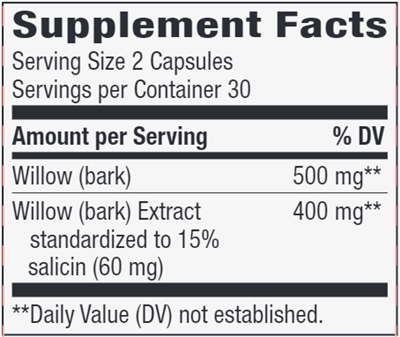 Standardized Willow (Nature's Way) Supplement Facts