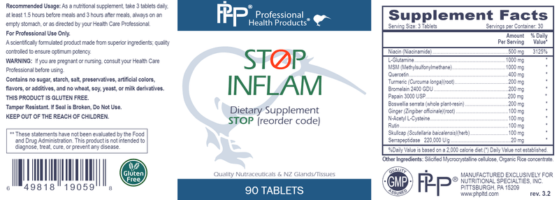 Stop Inflam Professional Health Products Label