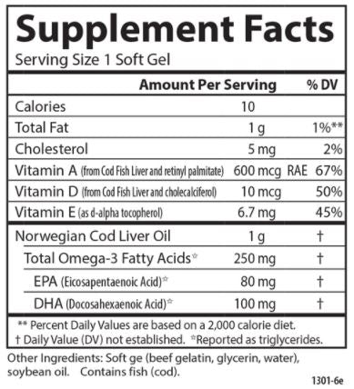 Super Cod Liver Oil 1000 mg (Carlson Labs) Supplement Facts