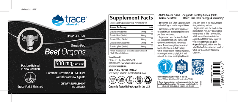 TMAncestral Beef Organs Trace Minerals Research label