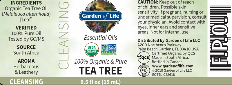 Tea Tree Organic Essential Oil (Garden of Life) Label