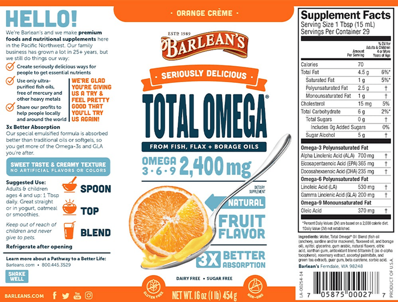 Total Omega 3-6-9 Orange Cream (Barlean's Organic Oils) Label