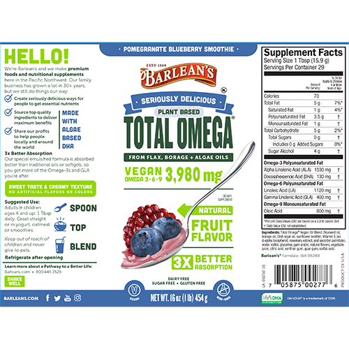 Total Omega Pomegranate/Blueberry Vegan Swirl (Barlean's Organic Oils) Label