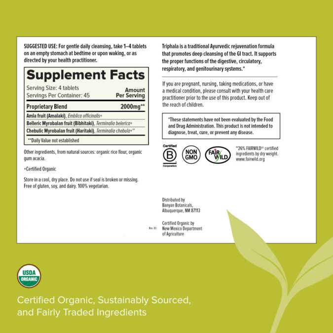 Triphala, Organic 90 Tablet (Banyan Botanicals) Supplement Facts