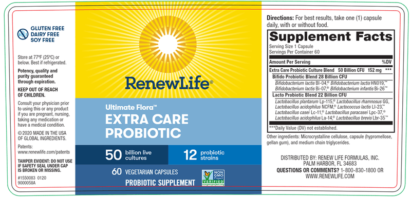 Ultimate Flora Extra Care 50B (Renew Life) Label