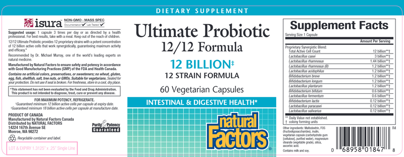 Ultimate Probiotic 12/12 Form (Natural Factors) Label