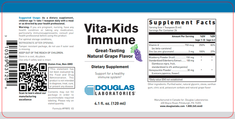 Vita Kids Immune Liquid 120 ml (Douglas Labs) Label