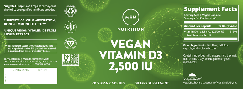 Vegan Vitamin D3 2500IU (Metabolic Response Modifier) Label