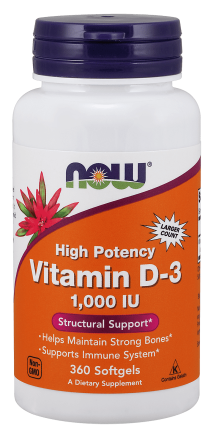 Vitamin D-3 1000 IU Softgels (NOW) Front