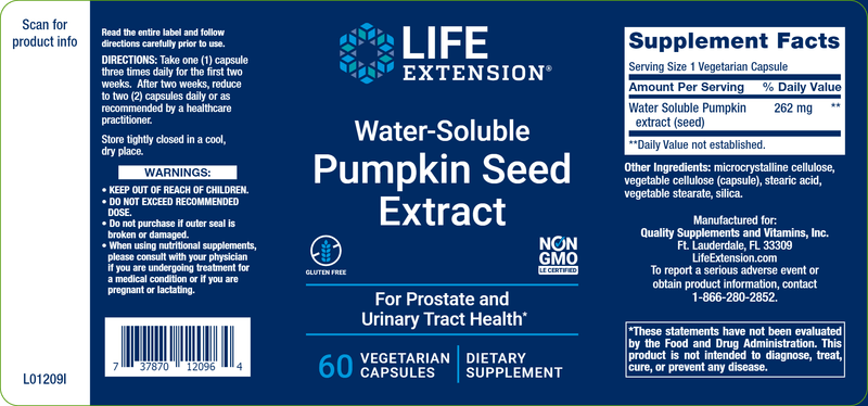 Water-Soluble Pumpkin Seed Extract (Life Extension) Label