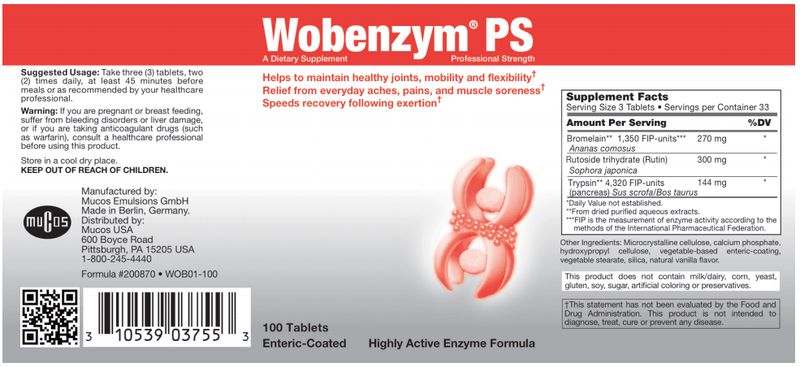 BACKORDER ONLY - Wobenzymn PS Revised 100's