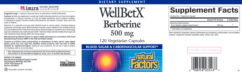 WellBetX Berberine 500 mg (Natural Factors) 120ct Label