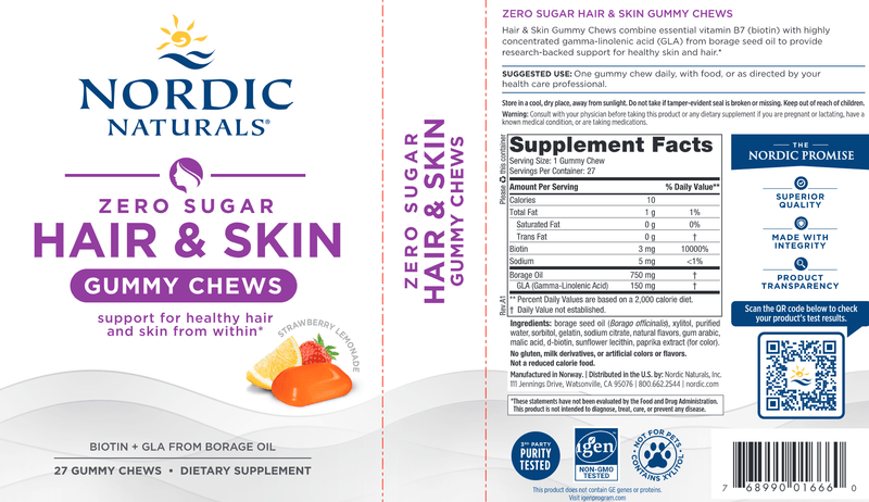 Zero Sugar Hair & Skin Gummy Chews (Nordic Naturals) Label