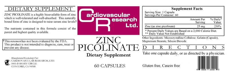 Zinc Picolinate 25 mg (Ecological Formulas) Label