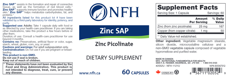 Zinc SAP (NFH Nutritional Fundamentals) Label