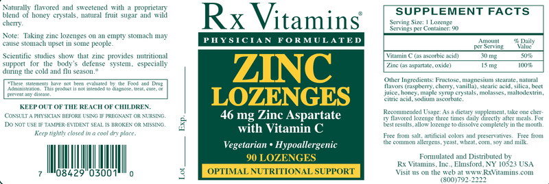 Zinc Lozenges (Rx Vitamins) Label