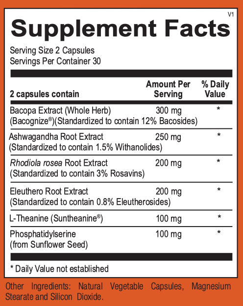 bacopa | ashwagandha | rhodiola | eleuthero | L-theanine | suntheanine | phosphatidylserine