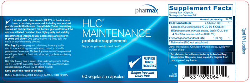 HLC Maintenance Capsules 60 Count (Pharmax) label